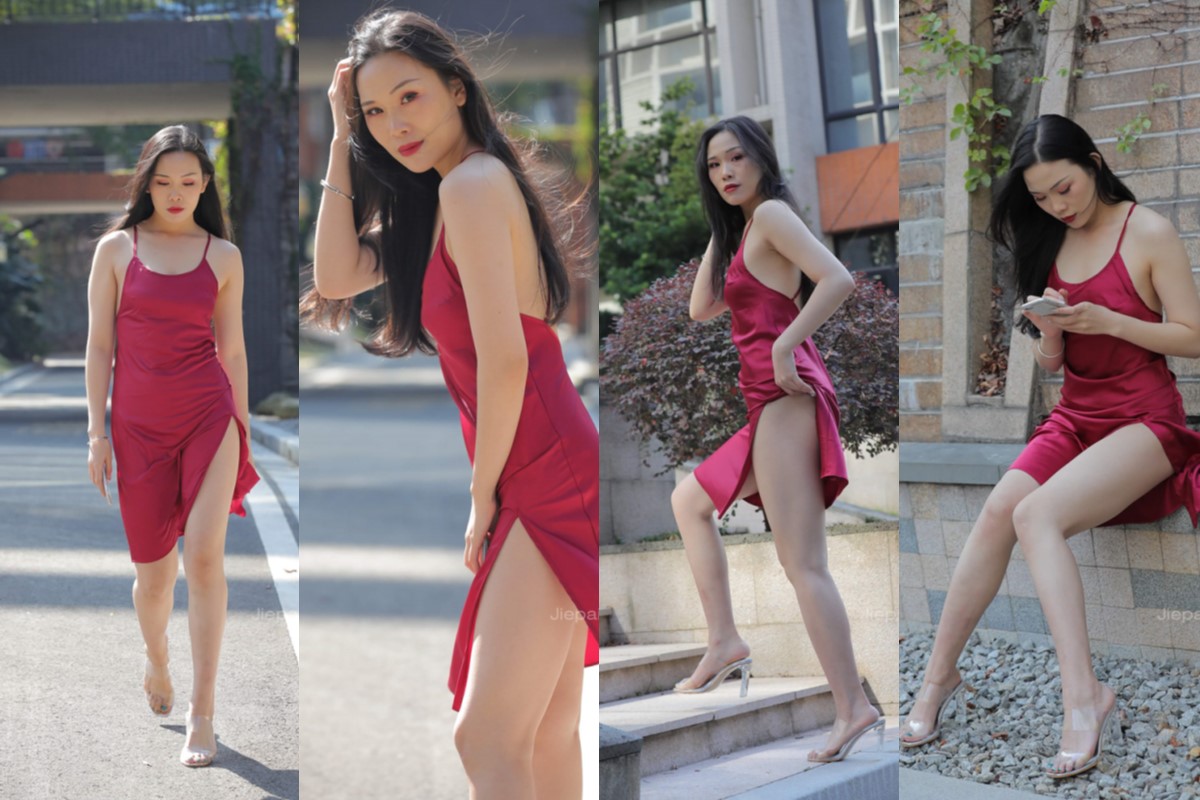 红色开叉吊带裙美女【套图+视频】